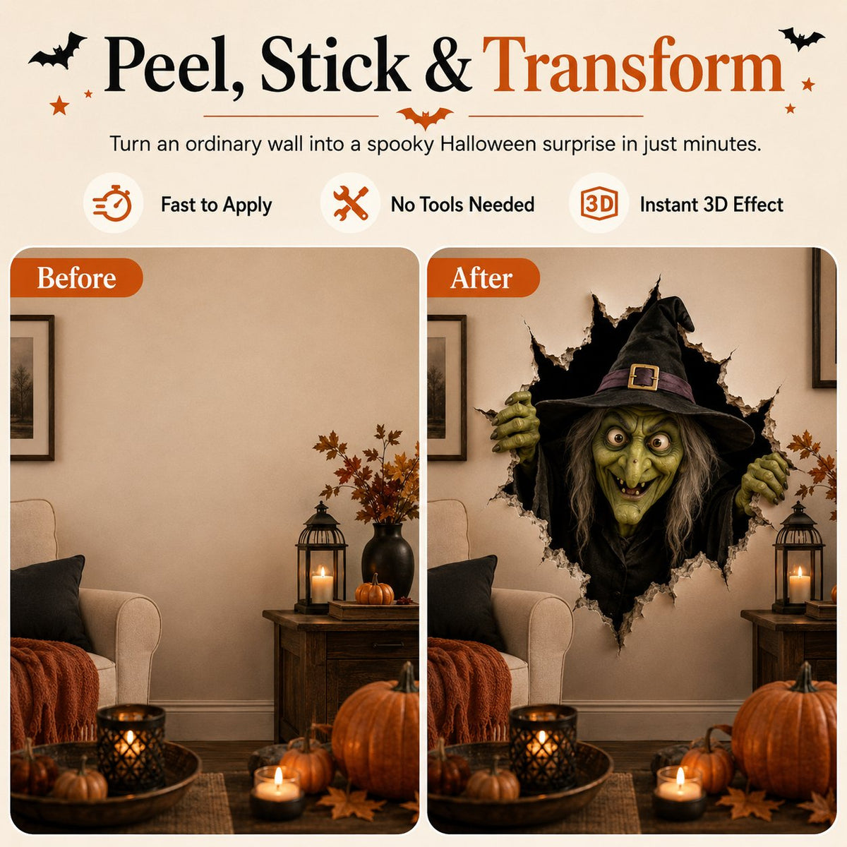 Halloween Break-In 3D Wall Decals: Realistic Horror Effect & Spooky Party Decor